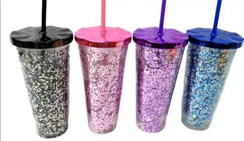 Vasos acrílico doble pared con glitter Tapa a rosca. Con sorbete. Precio  por unidad.