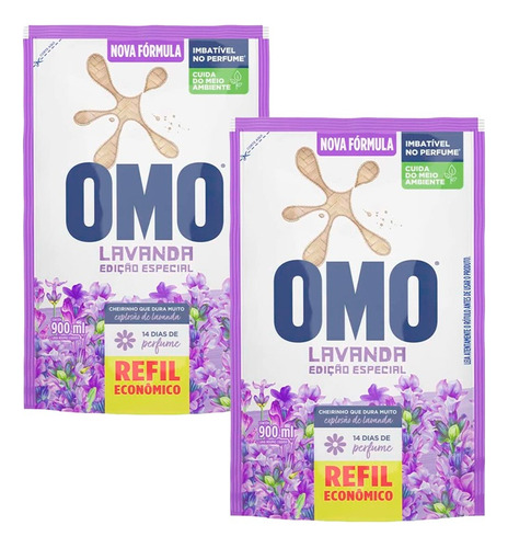 Lava Roupas Líquido Omo Lavanda 14 Dias Perfume 900ml Kit 2