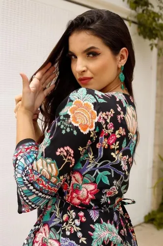 Vestido Kimono Transpassado Floral Babado Moda Indiano 393