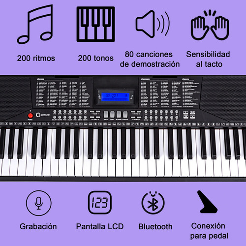 Besser Teclado 61 Teclas Bluetooth Midi Piano Electrónico con Sensibilidad al Tacto 200 Tonos y Ritmos Modo Doble Altavoces Estéreo Portátil Compatible con App y Usb Negro