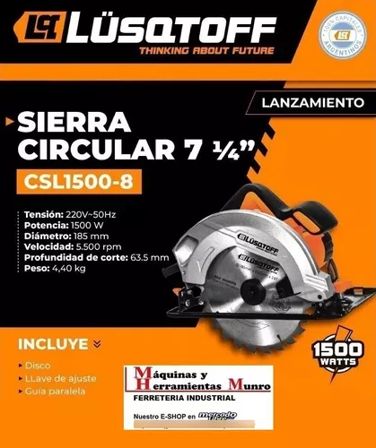 Sierra Circular Mano 1500w Lusqtoff Madera 185mm 7 1/4 +guia
