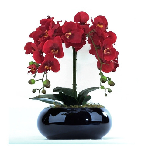 Arranjo De Orquídea Artificial Vermelha Em Vaso Preto