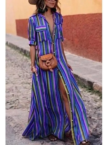 Vestido De Playa A Rayas De Moda Casual Para Mujer