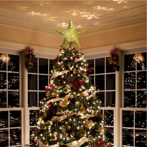 Árbol De Navidad Topper Estrella Com Proyector Led Luz Plata