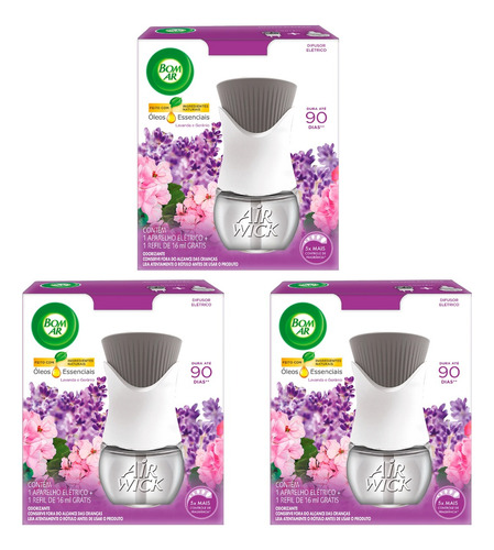 Kit 3 Difusor Elétrico + Refil 16ml Bom Ar Lavanda E Gerânio