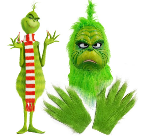 Luvas De Máscara De Látex De Natal Cosplay Grinch Com Peludo