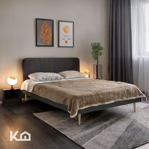 Base De Cama Matrimonial Con Cabecera Tapizada Marco De Metal Madera Box Para Colchón Color Gris Kingshouse