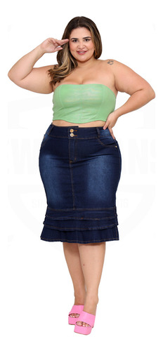 Saia Midi Jeans 3 Babados Moda Evangélica Plus Size - Escura