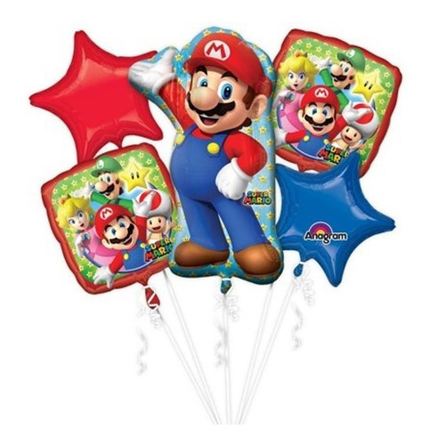 Ramillete Globos Mario Bros Nintendo Gam Fiesta Jumbo Bqt 5p