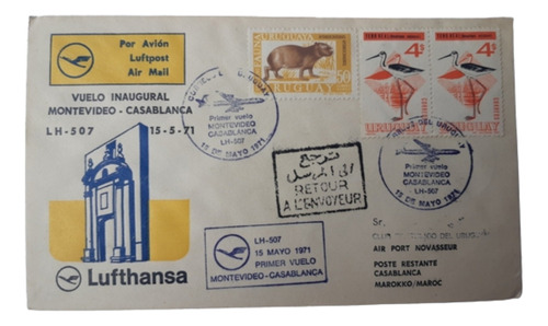 2 Sellos Fauna Uruguaya / Sobre 1er Vuelo Lufthansa 1971 Uy