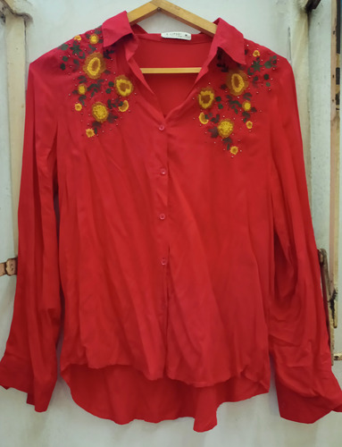 Camisa Roja Texana Country Bordada Manga Regulable Moda