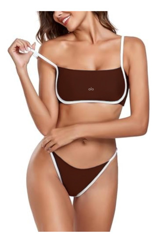 Traje De Baño Para Mujer 2 Pieza Conjunto De Bikini Alo Marrón Con Blanco Lisa M