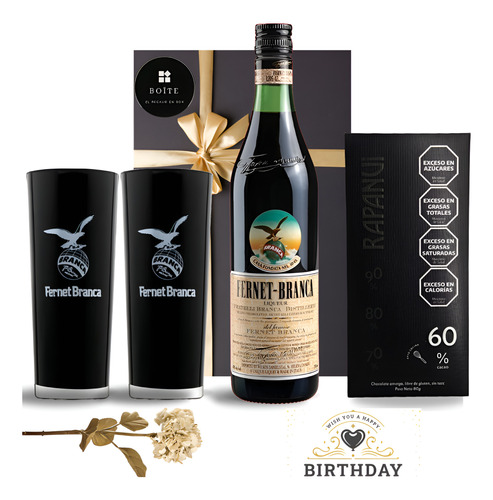 Box Regalo Fernet Branca 750 Ml + Vasos Vidrio + Chocolate