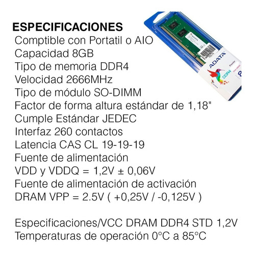 Memoria Ram 8gb Ddr4 2666mhz Adata (portatil Y Aio)