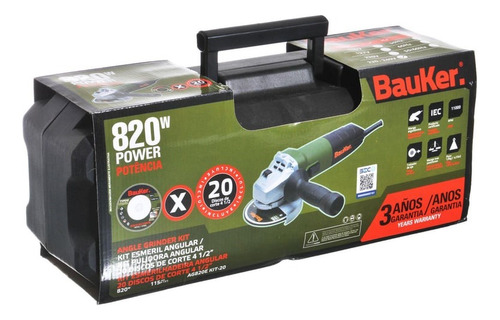 Bauker Esmeril Angular Eléctrico 4 1/2 820w + 20 Discos