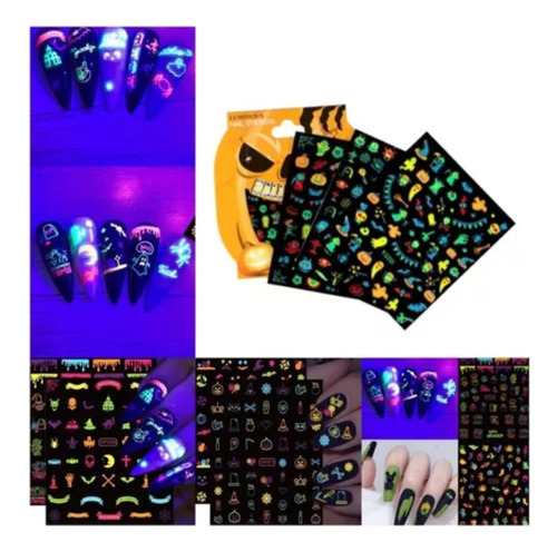 Stickers Luminosos Para Uñas Halloween Set X12 Hojas Nails