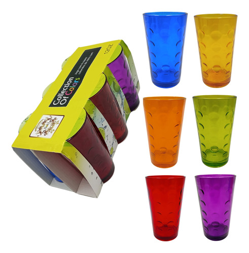 Set X6 Vasos De Vidrio Colores Agua Tragos Bebidas 