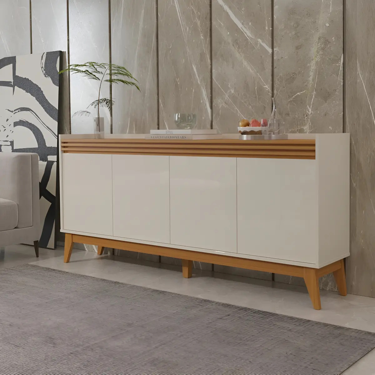 Buffet Aparador Ripado 4 Portas Pés De Mdf Astúrias 180cm Cor Off White E Cedro