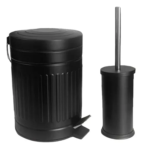 Set De Baño Tacho Cesto Y Escobilla Cepillo Acc Negro Pc