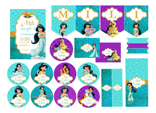 Kit Imprimible  Princesa Jazmin Con Texto Editable!