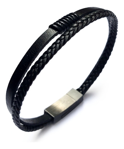 Pulsera Cuero Trenzado Doble Cierre Acero Quirurgico Negro