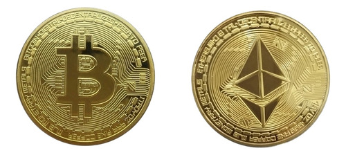2 Moedas Bitcoin E Ethereum Física Ouro Colecionador Crypto