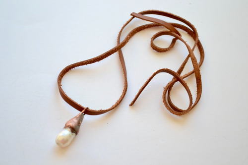 Collar Perla Natural De Rio, Cuero, Joyas Estilo Boho, Cod1