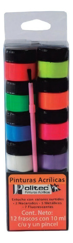 Set Pinturas Acrílicas Politec Fluorescente Y Metálica 12pz