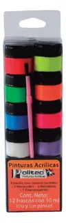 Kit Pinturas Acrílicas Politec 12 Colores Neón Y Metálicos