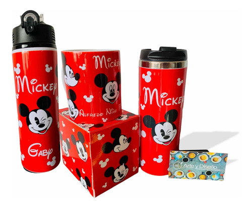 Termo + Taza + Cilindro Para Agua Mickey Mouse Personalizado