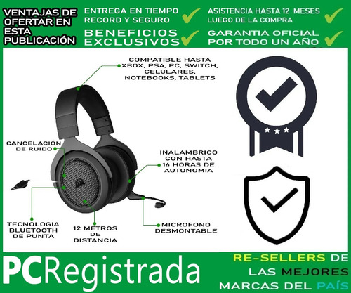 Imagen 3 de 6 de Auriculares Gamer Inalámbricos Corsair Hs70 Bluetooth Pcreg