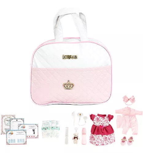 Conjunto P Bebê Reborn Roupa Fralda E Bolsa Maternidade Rosa