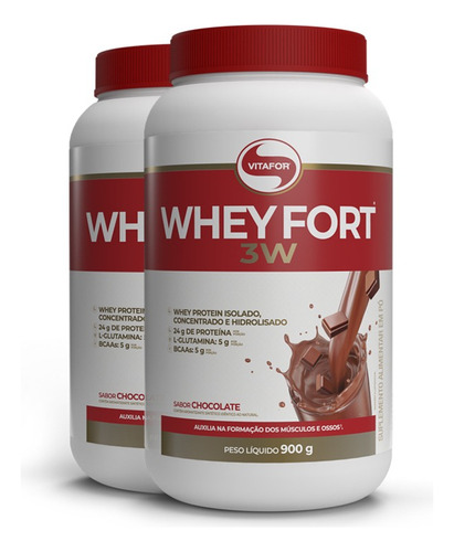 Kit 2x  Whey Fort 3w Vitafor Sabor Chocolate 900g