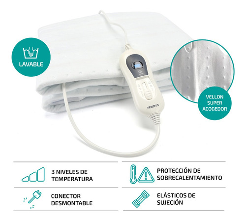 Imagen 4 de 9 de Manta Termica Electrica Femmto Calienta Cama 1plza 3 Niveles