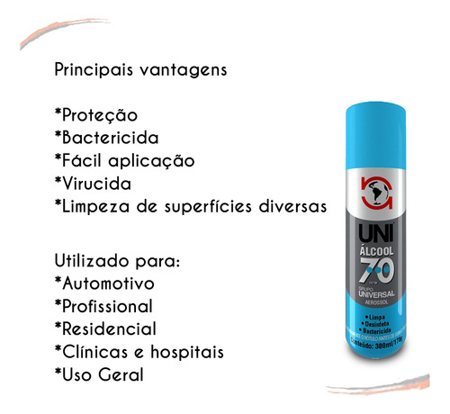 Álcool 70% Aerossol Spray Higienizador Inpm Uni1000 300 Ml