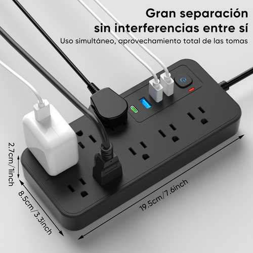 Multicontacto De 8 Tomas Con Usb Color Negro Largo Del Cable De 2m 10a