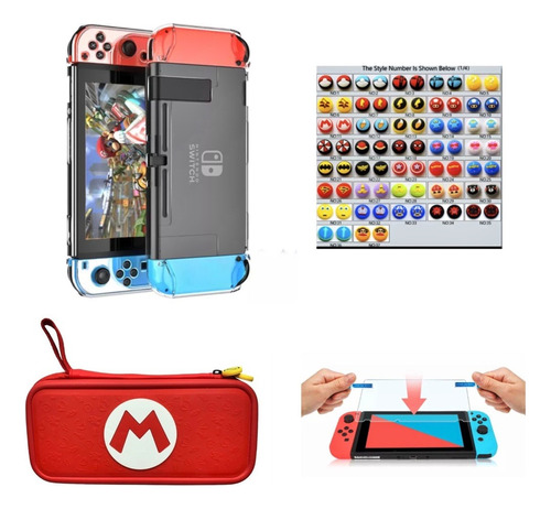 Estuche Mario M+ Vidrio+ Acrílico+ 2 Grips Nintendo Switch