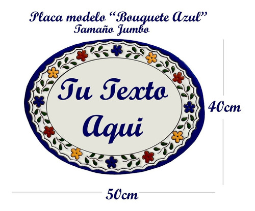 Placa Ovalada Letrero Estilo Talavera 50x40cm Bouquete Azul