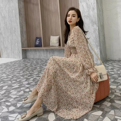 Vestido Midi De Manga Larga Con Cuello En V Y Estampado Flor