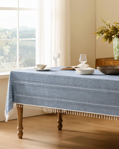 Mantel Zeemart Bordado Con Dobladillo A Rayas, Color Azul Bo