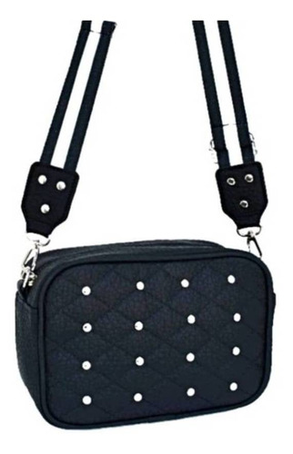 Imagen 1 de 3 de Cartera bandolera PM Complementos Morral Mujer Moderna Símil Cuero diseño liso/tachas de cuero sintético negra con correa de hombro negra y blanca