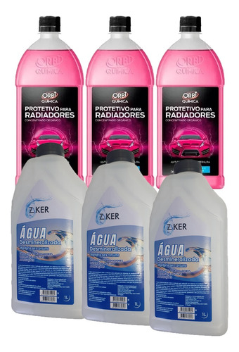 Kit 3 Aditivo Radiador Organico Rosa+ 3 Agua Desmineralizada