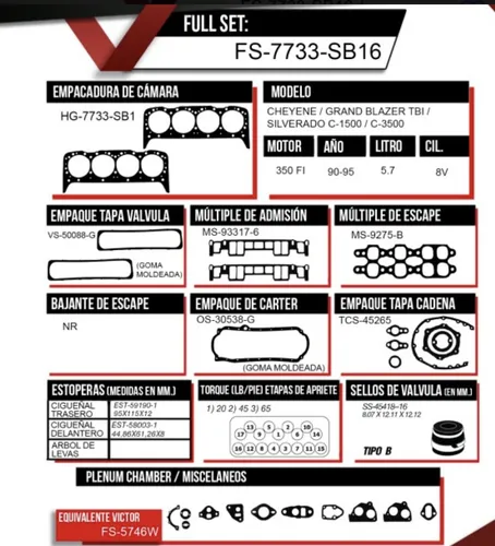 comprar Kit Empacadura Chevrolet Motor 350 Fi Tbi Cheyenne Silverado