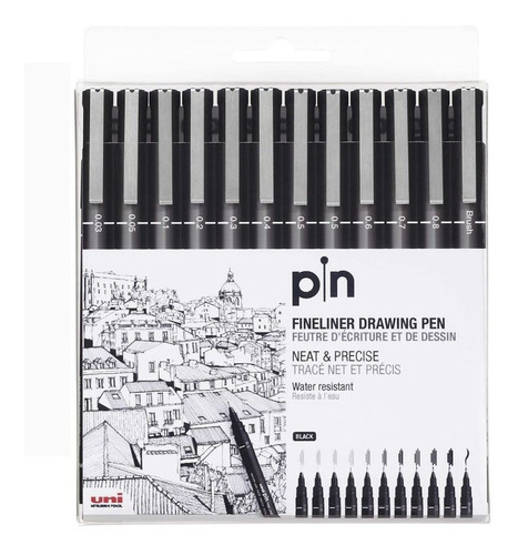 Set Marcadores Uni Pin Fineliner 200 Negro X 12 Unidades
