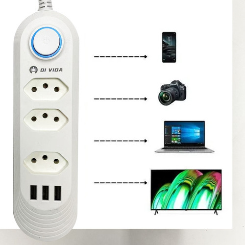 Extensão Elétrica 3 Tomadas Régua Bivolt C/3 Usb Cabo 1.8m