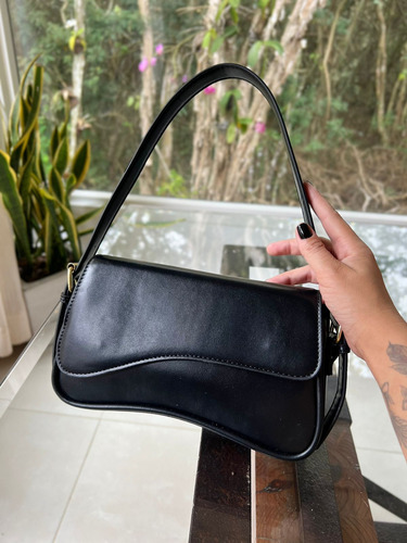Bolsa Feminina Baguete Transversal Tiracolo Pequena Festa Cor Preto Desenho Do Tecido Lisa
