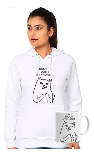 Poleron Canguro Unisex 146 Gato Don't Touch  My Phone + Tazón 