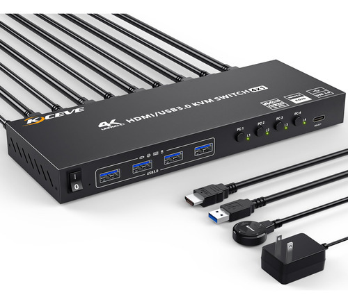 Conmutador Kvm Usb 3.0 Hdmi 4 Puertos Soporte 4k 60hz 2k 12.