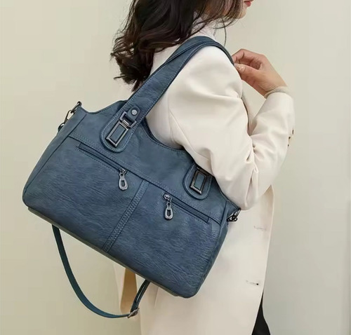 Cartera Bolso De Mujer Grande Estilo Básico De Eco Cuero Azul Liso Cromados Azul