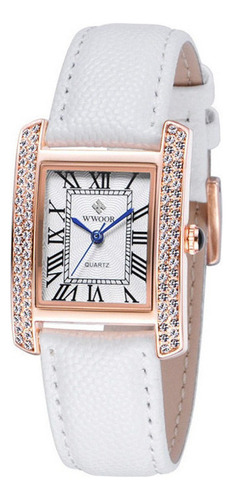 Relojes De Cuarzo Con Diamantes De Moda Cuadrada De Wwoor Correa Marrón Bisel Rosé